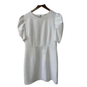 TCEC Mini Dress Size Large White Puff Sleeve Pleated Crepe‎ Round Neck Shift